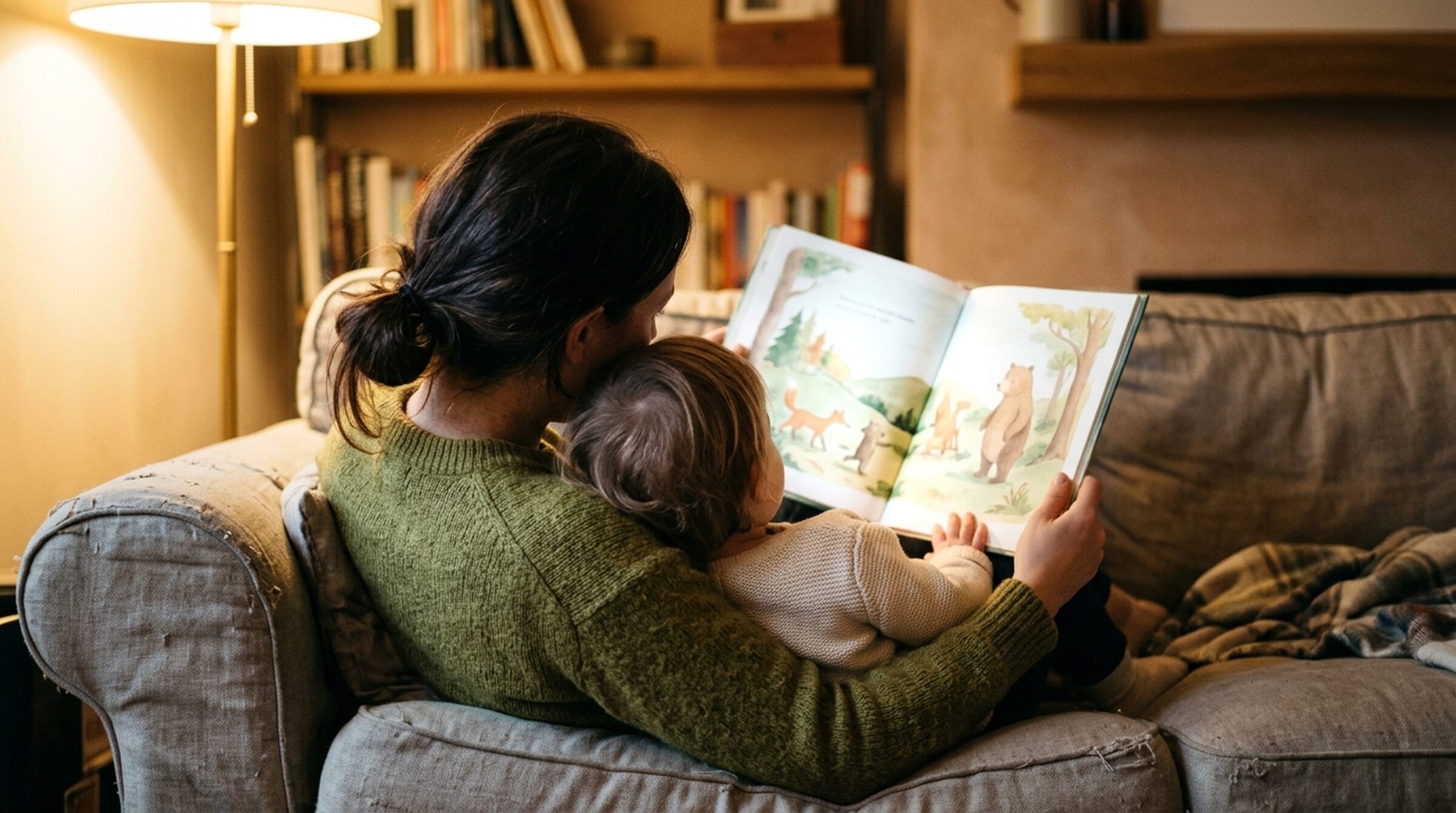 A parent and child reading a book together on the couch in evening lamplight