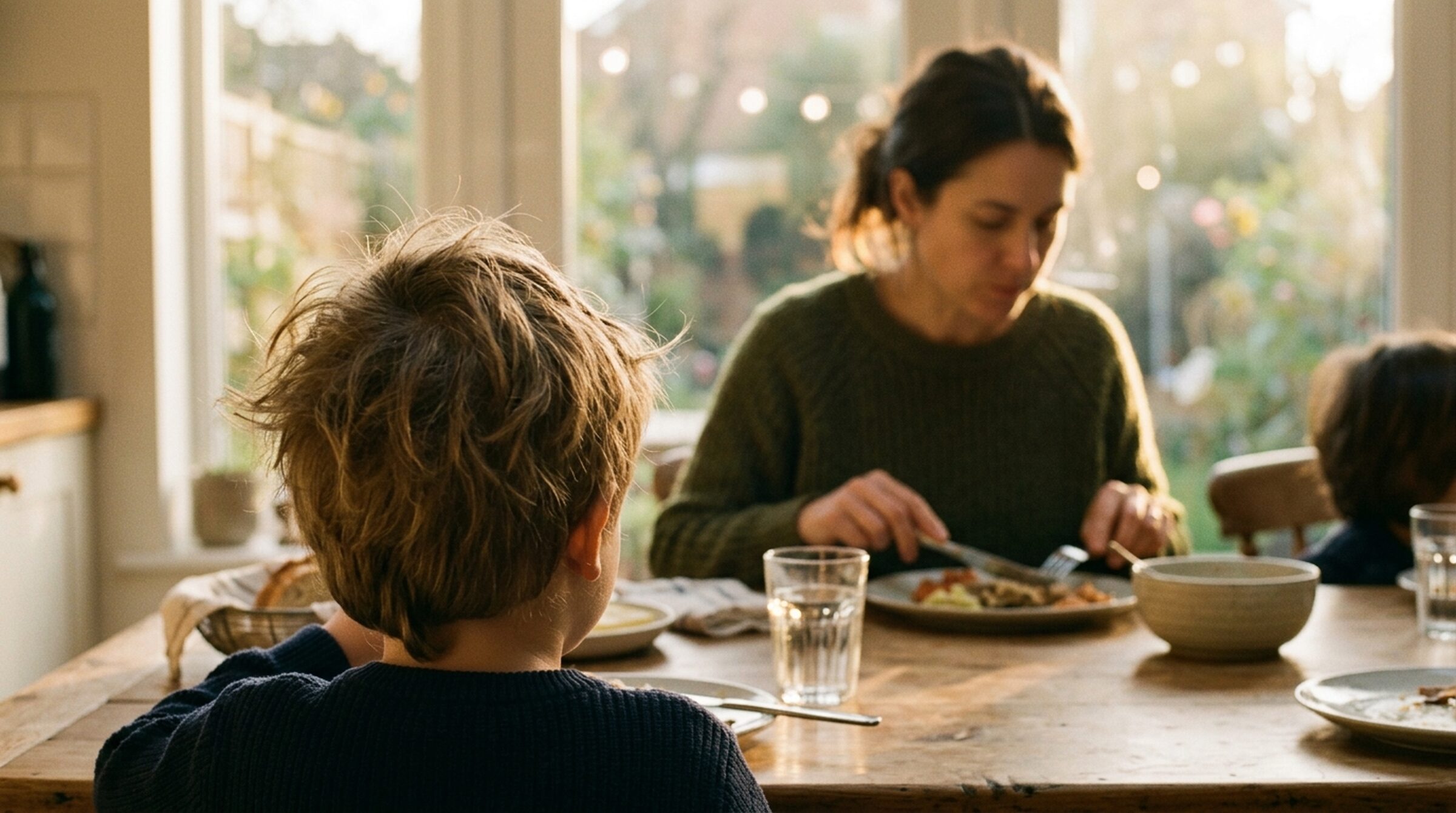 A young child laughing at the dinner table in warm golden-hour light